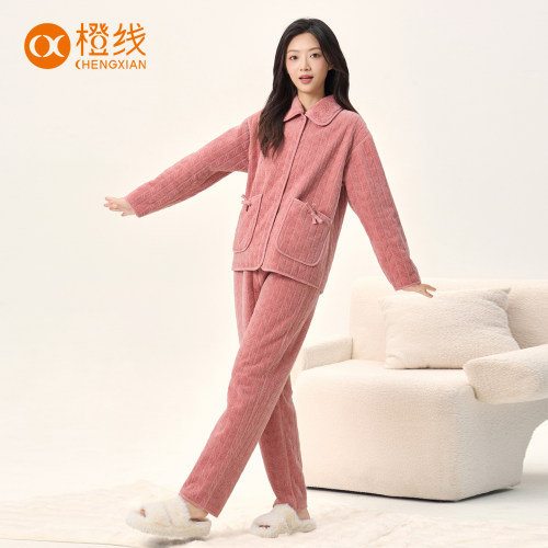 橙线原创情侣睡衣套装柔织穗纹保暖赛妮尔双面穿家居服E851007