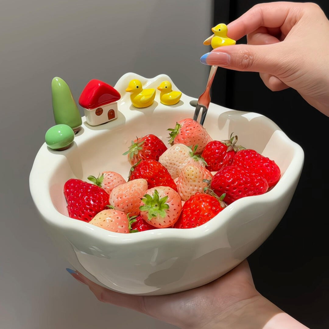 小黄鸭陶瓷奶油风水果盘套装