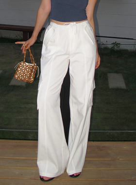 ooh itch痒痒 白色工装裤女高腰显瘦直筒阔腿裤休闲垂感长裤子