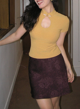 ooh itch痒痒 新中式复古盘扣镂空短袖t恤女旗袍领修身短款上衣