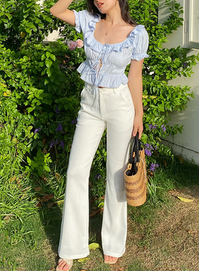 ooh itch痒痒 亚麻白色修身直筒休闲裤女法式微喇叭长裤+花朵配饰