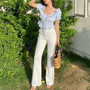 itch痒痒 微喇叭长裤 亚麻白色修身 女法式 花朵配饰 直筒休闲裤 ooh