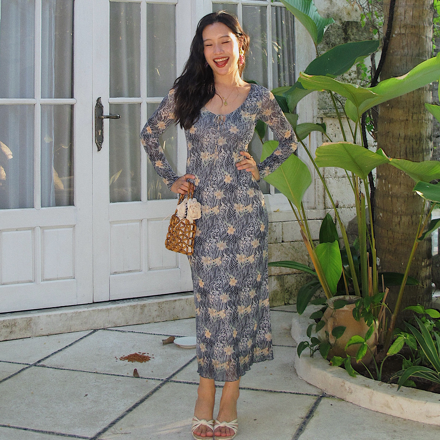 复古网纱印花连衣裙长袖法式