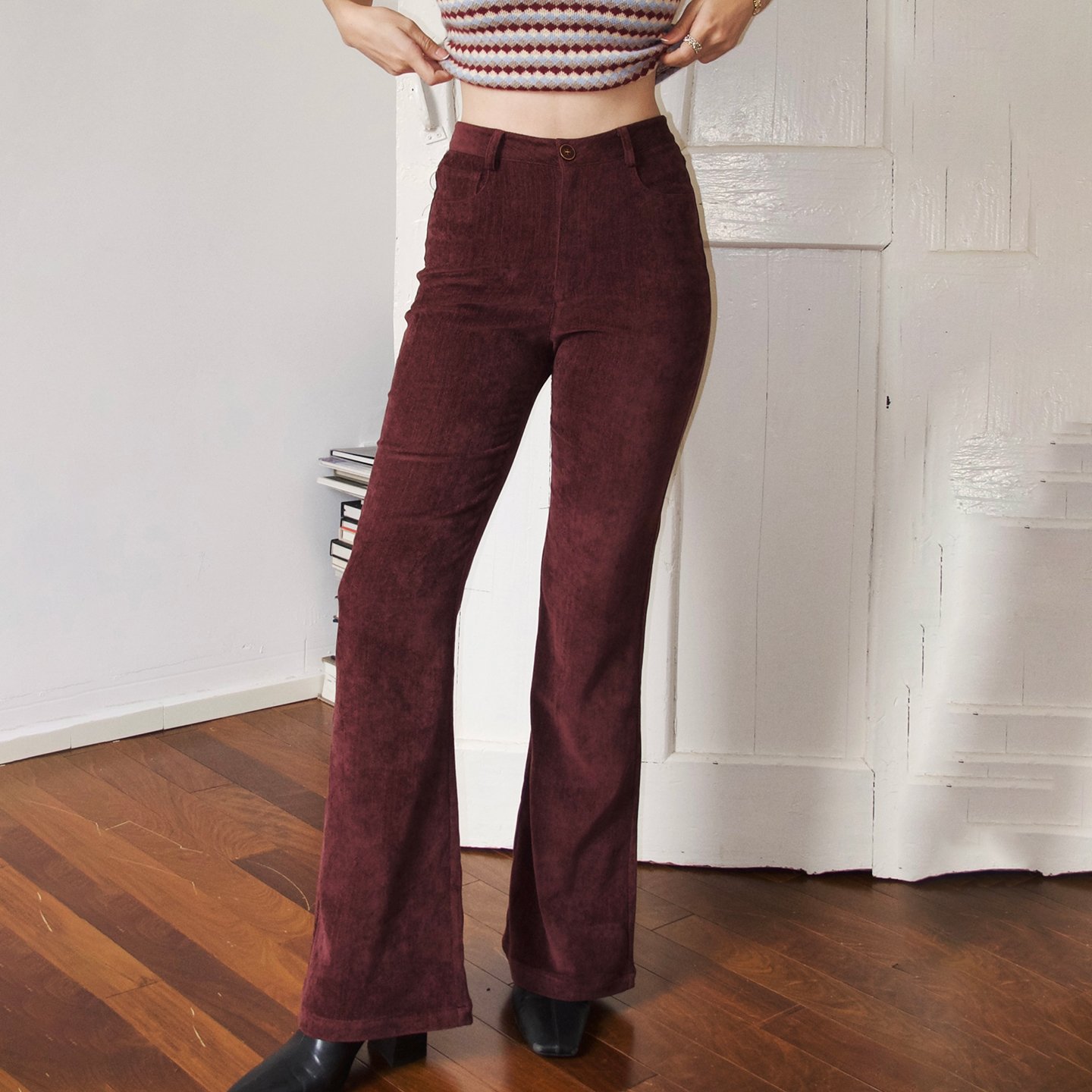 红丝绒巧克力复古微喇休闲裤