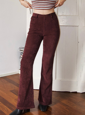 ooh itch痒痒 莱赛尔天丝复古微喇休闲裤女酒红色高腰显瘦长裤