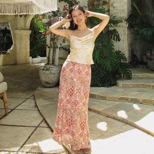 复古印花百搭半裙 度假风高腰A字半身长裙女夏季 ooh itch痒痒