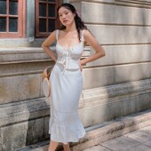 蕾丝吊带背心a字鱼尾半身裙 」白色法式 ooh itch痒痒「朱莉套装