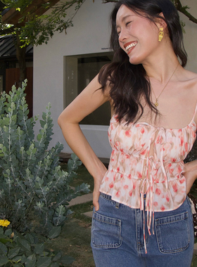 ooh itch痒痒 法式复古纯欲性感修身碎花吊带上衣+高腰绑带半身裙