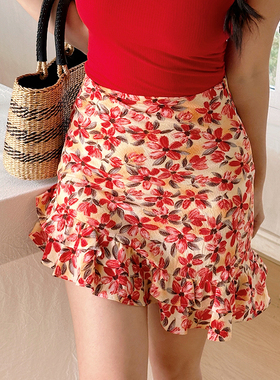 ooh itch痒痒 法式红色碎花半身裙高腰a字印花裙裤（自带安全裤