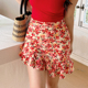 自带安全裤 ooh 红色碎花半身裙高腰a字印花裙裤 法式 itch痒痒