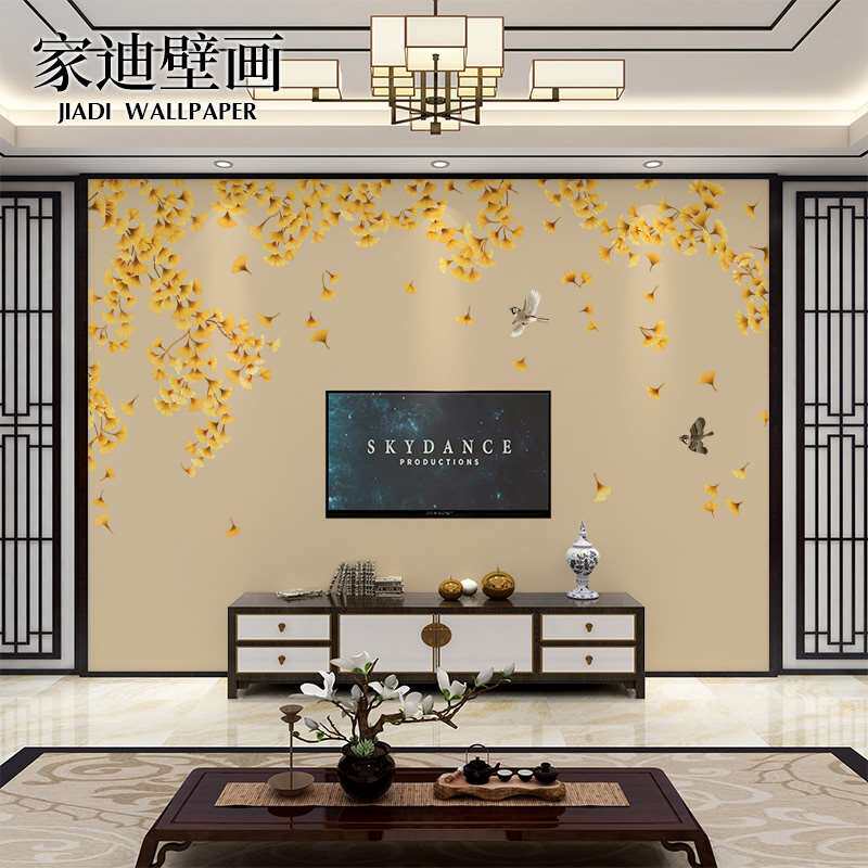 中式古风银杏叶电视背景墙壁纸客厅墙纸卧室沙发餐厅酒店大堂壁画