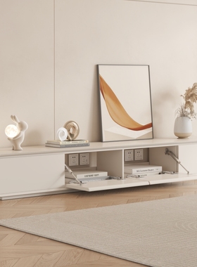 简约圆角电视柜白色奶油风现代小户型客厅北欧落地实木电视机柜