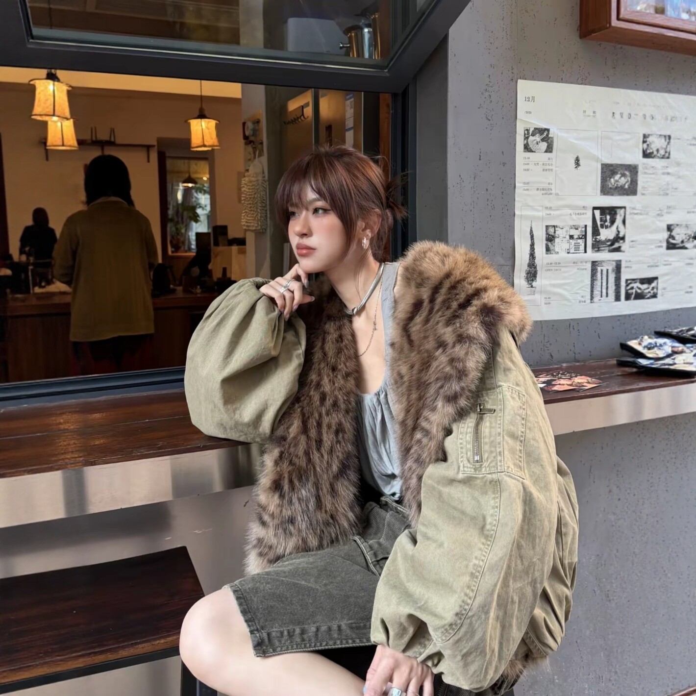 美式复古毛领拼接棉服外套女冬季新款宽松加厚棉衣