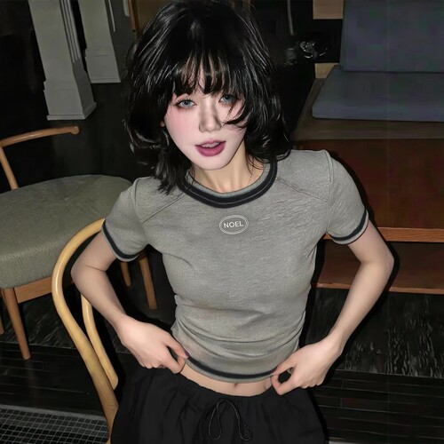 复古辣妹渐变涂鸦圆领短款短袖T恤女2026夏新款修身显瘦短款上衣