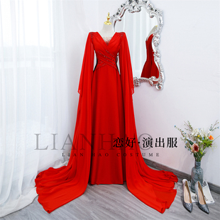 恋好演出服实拍红色水袖 重工礼服舞台演奏独唱演出服艺考美声礼服