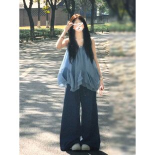 蓝色吊带连衣裙子女夏季 2025新款 高级感海边度假蓬蓬短裙