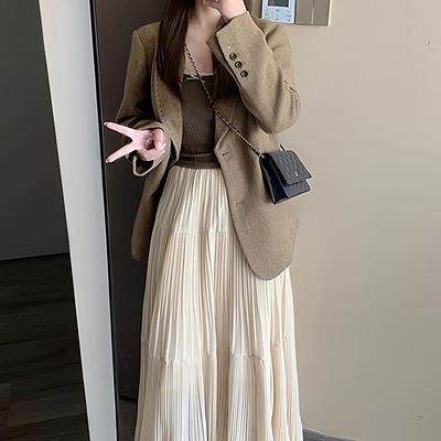 韩系复古卡其色西装外套女秋季新款高腰显瘦百褶半身裙时尚两件套