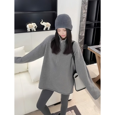 半拉链高领灰色毛衣女装针织衫女