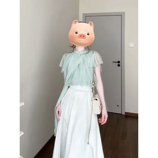 微胖显瘦半身裙两件套 精致漂亮套装 裙女夏季 大方得体飘带短袖 衬衫