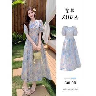大码 宽松显瘦遮肚子裙子 韩系高级感圆领油画风碎花连衣裙夏季 新款