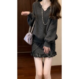 深冬穿搭一整套气质绝美独特漂亮小香风千金跨年针织连衣裙子套装