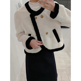 韩系慵懒风杏色羊羔毛外套女秋冬高级感小香风短款外套上衣小个子