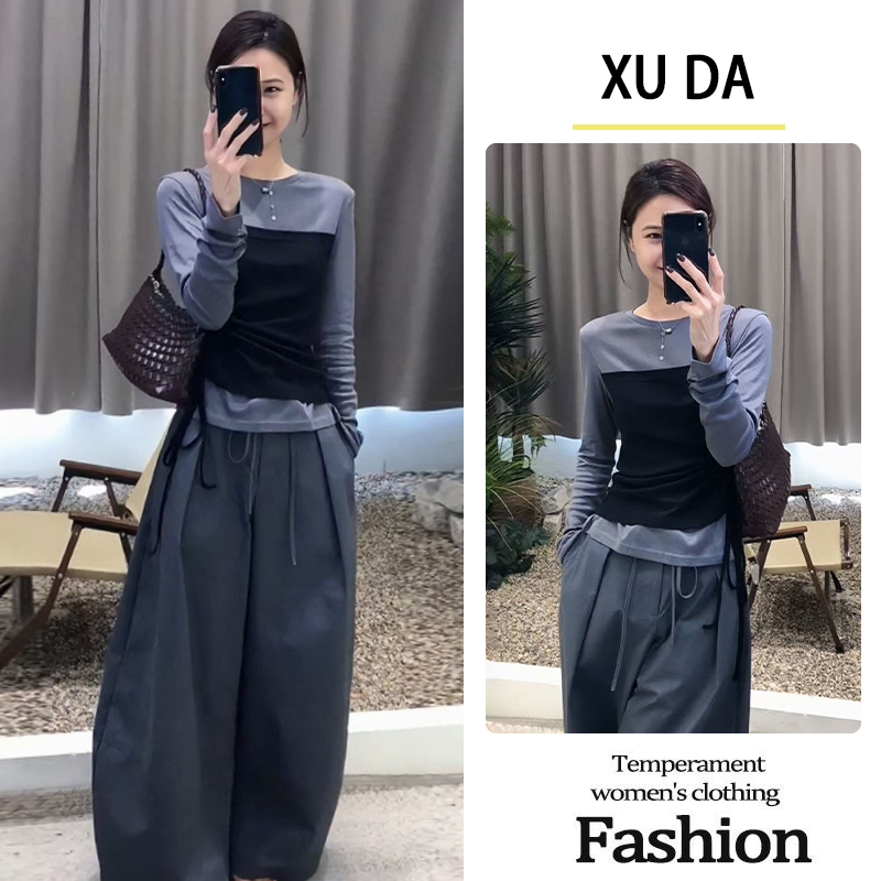 2025早秋穿搭一整套韩系chic松弛感套装灰色假两件t恤裤子两件套