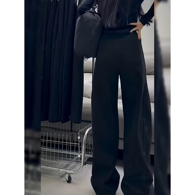 黑色加绒加厚运动弯刀卫裤女2025秋冬季新款宽松显瘦直筒阔腿裤女