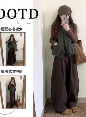 韩系早秋穿搭一整套高级感小个子绿色马甲打底衫咖色裤子三件套装