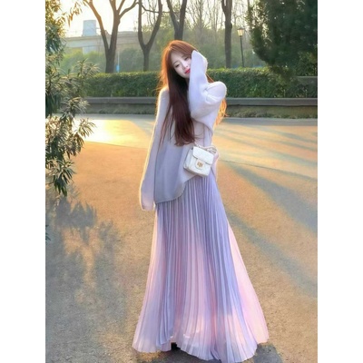 韩系穿搭气质紫色连衣裙子女秋2025新款今年流行爆款毛衣半裙套装