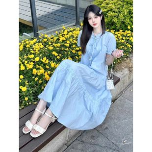 夏日新款 长裙 甜美多巴胺短袖 连衣裙女休闲度假风微胖mm显瘦泡泡袖