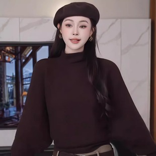 复古半高领蝙蝠袖 高级感收腰短款 针织衫 秋冬季 上衣 女025新款 法式