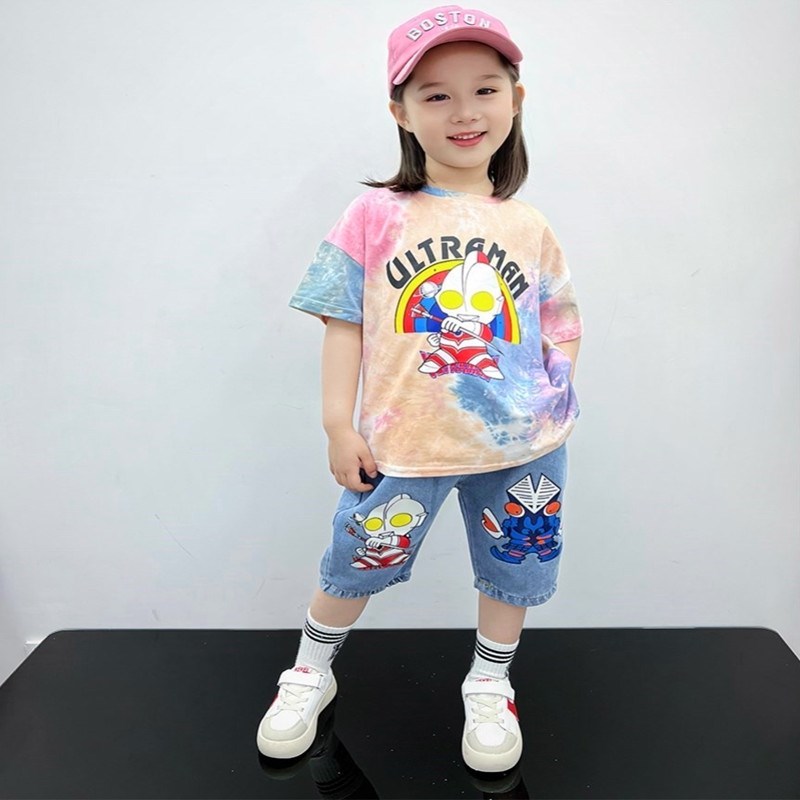 女童奥特曼纯棉衣服夏季短袖套装洋气小女孩全棉薄款透气牛仔短裤