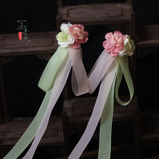 【碧桃春色】原创汉服丝带飘带发饰少女甜美风桃红柳绿花朵发钗