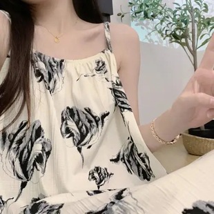 海边度假风长裙性感超仙气质裙子 水墨印花小吊带连衣裙女2025夏季
