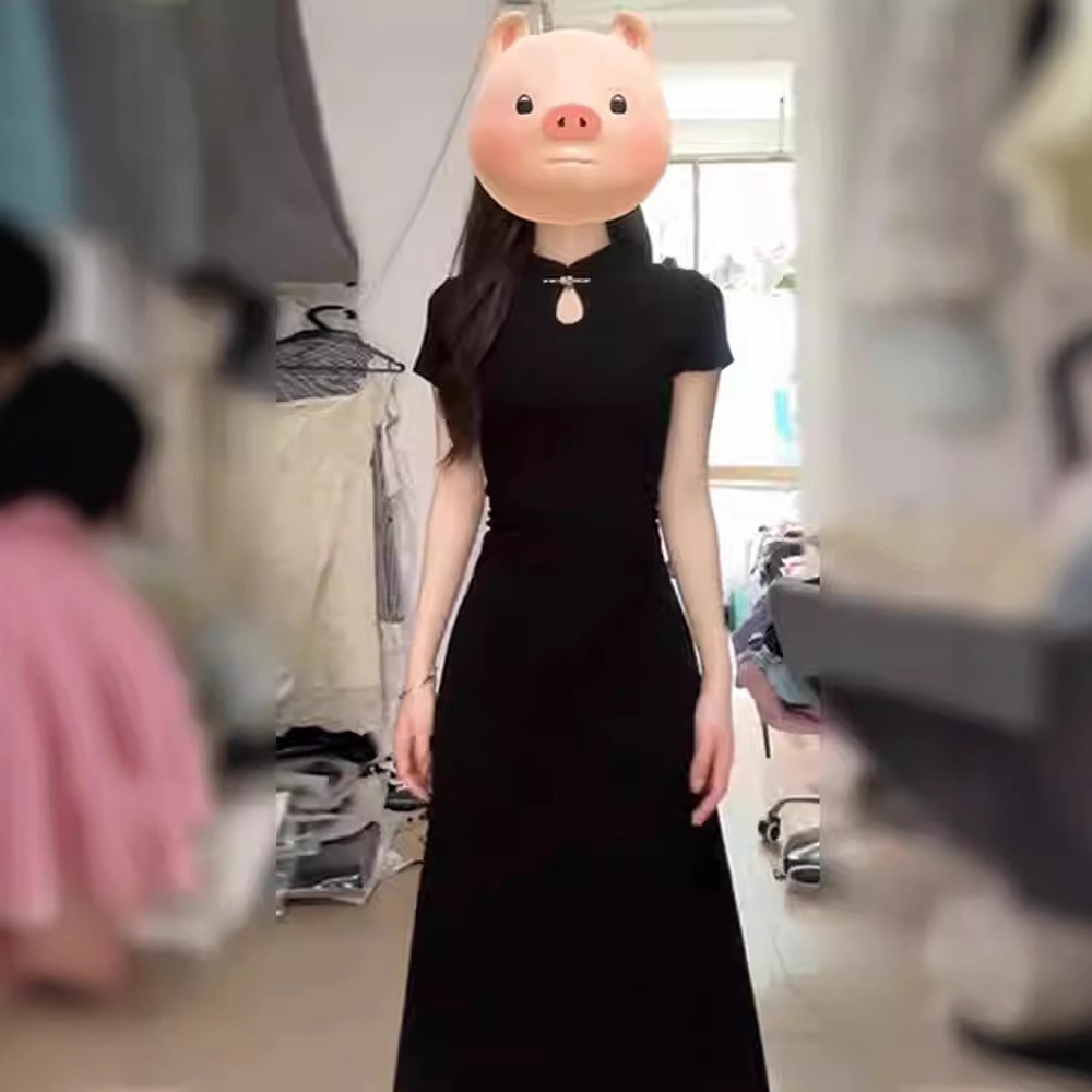 新中式黑色修身连衣裙女夏季高级感显瘦气质国风盘扣改良旗袍裙子