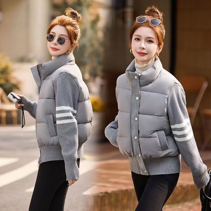 针织设计冬季棉衣拼接羽绒棉服短款2024新款加厚立领保暖外套,女装/女士精品,棉衣/棉服,淘宝优惠券,粉丝福利购,淘宝优惠卷
