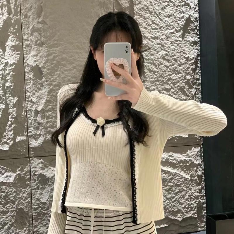 实拍小香蕾丝边玫瑰胸针套装开衫+吊带两件套上衣开衫两件套韩