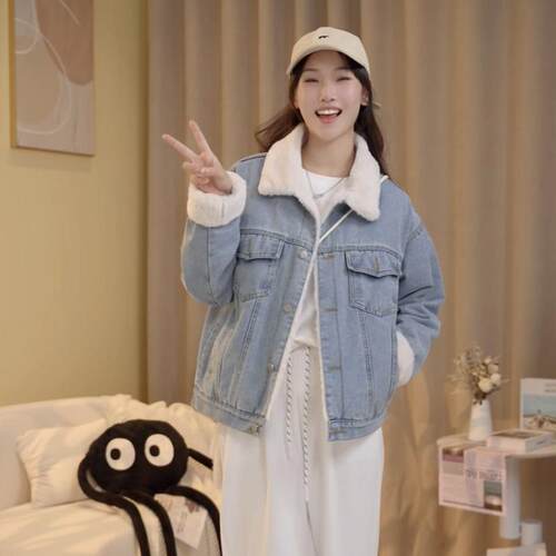翻领宽松牛仔外套女2024年新款港味单排扣长袖加绒加厚牛仔夹克女