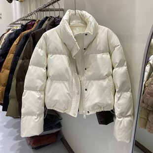 短款90白鸭绒羽绒服女2024秋冬季新款立领百搭免洗PU皮小个子外套