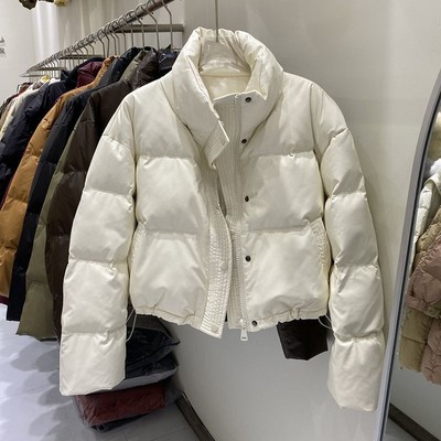 短款90白鸭绒羽绒服女2024秋冬季新款立领百搭免洗PU皮小个子外套