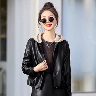 潮 皮衣外套女2025年流行新款 时尚 百搭春秋装 连帽皮夹克短款