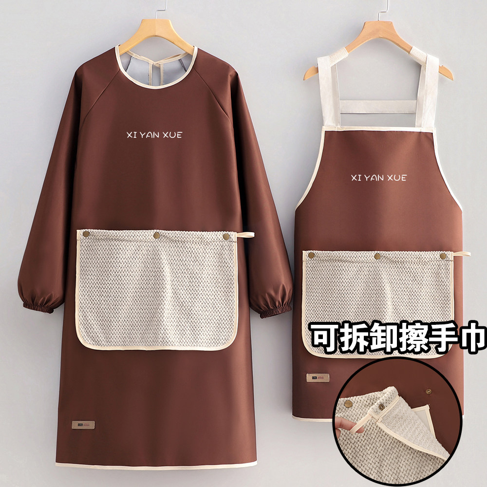 新款可拆卸擦手围裙防水防油厨房家用长袖罩衣男女餐饮工作服定制