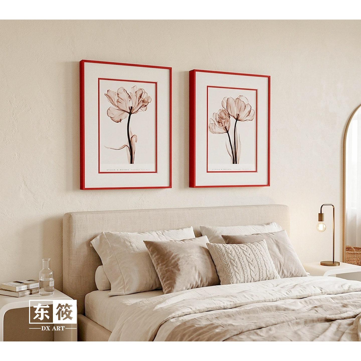 东筱 现代简约植物花卉装饰画卧室有框挂画双层卡纸高级感 红色框