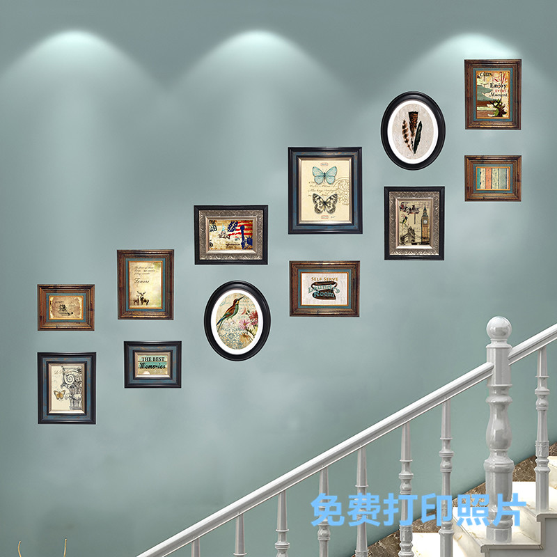楼梯复古照片墙实木相框墙组合免打孔装饰画挂墙美式做旧背景墙图片