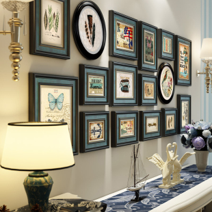 美式 饰画 照片墙轻奢实木复古楼梯组合相框照片墙客厅餐厅背景墙装