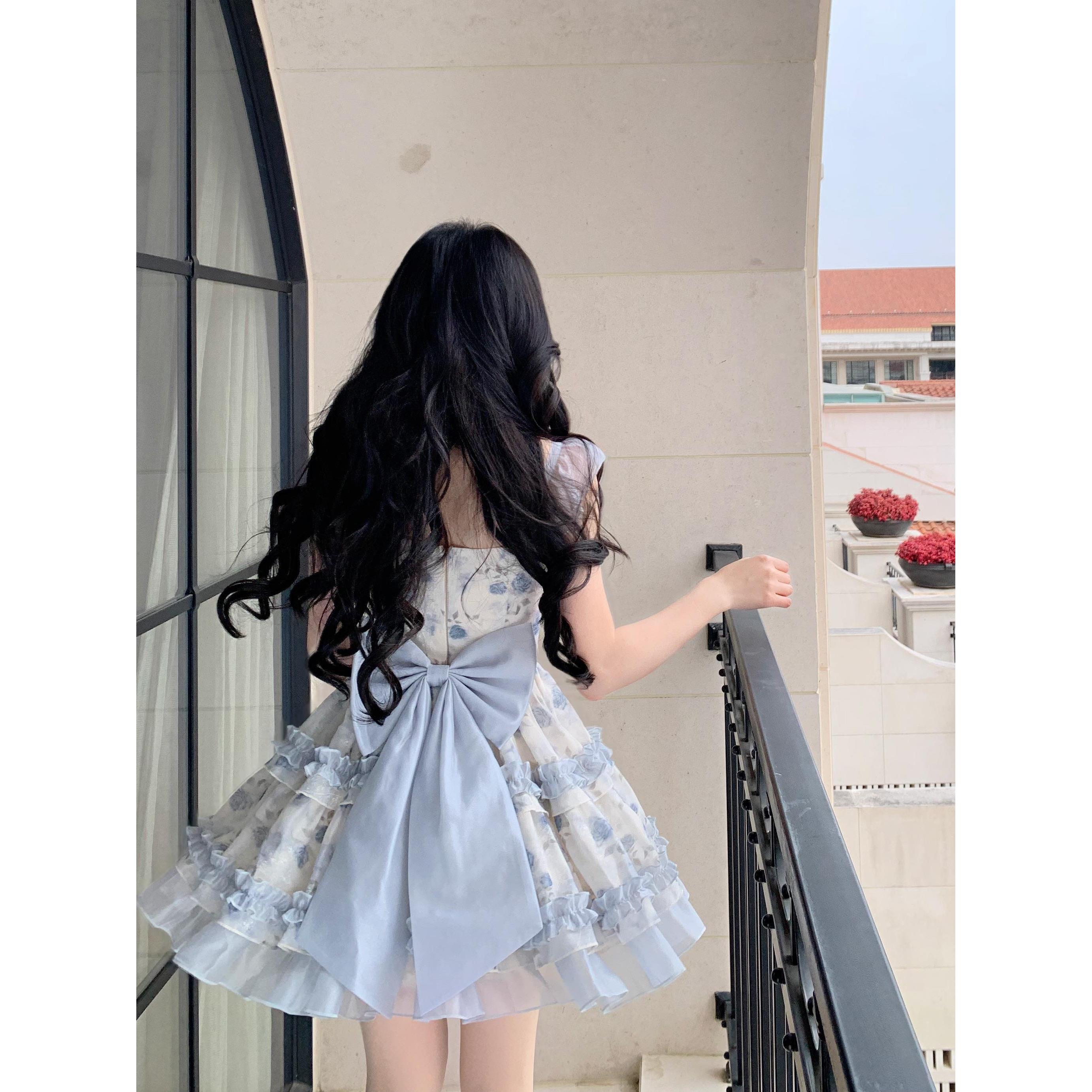 女装法式优雅千金感连衣裙重工碎花蝴蝶结蛋糕裙蕾丝边少女公主套