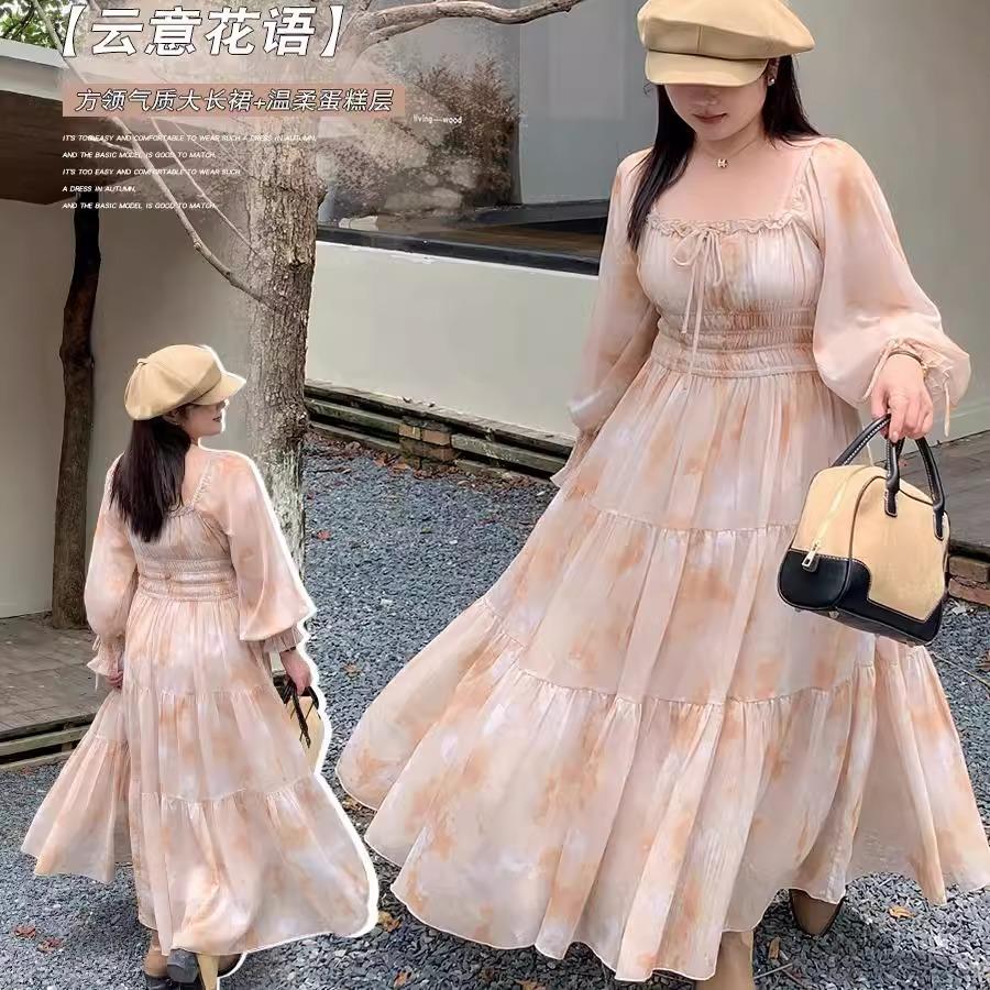 女装法式印花雪纺连衣裙女2024秋季新款长袖温柔气质显瘦长裙