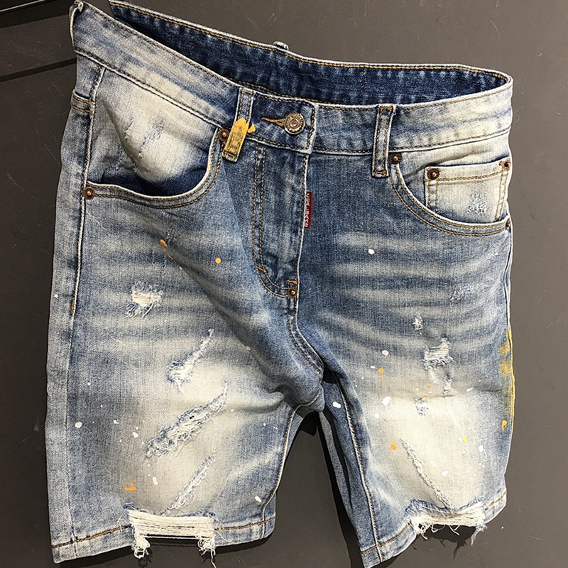 碎脚毛边牛仔短j裤男破洞刮烂修身小直筒潮牌夏季韩版潮流五分裤