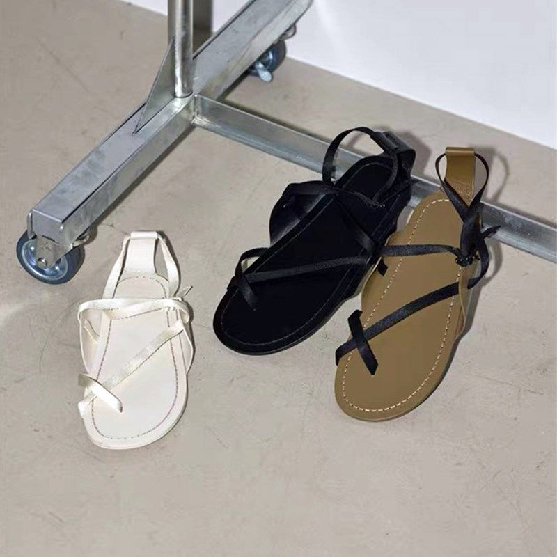 2025夏季新款小众露趾交叉带平底套趾休闲凉鞋真皮百W搭外穿凉拖,女鞋,罗马凉鞋,淘宝优惠券,粉丝福利购,淘宝优惠卷